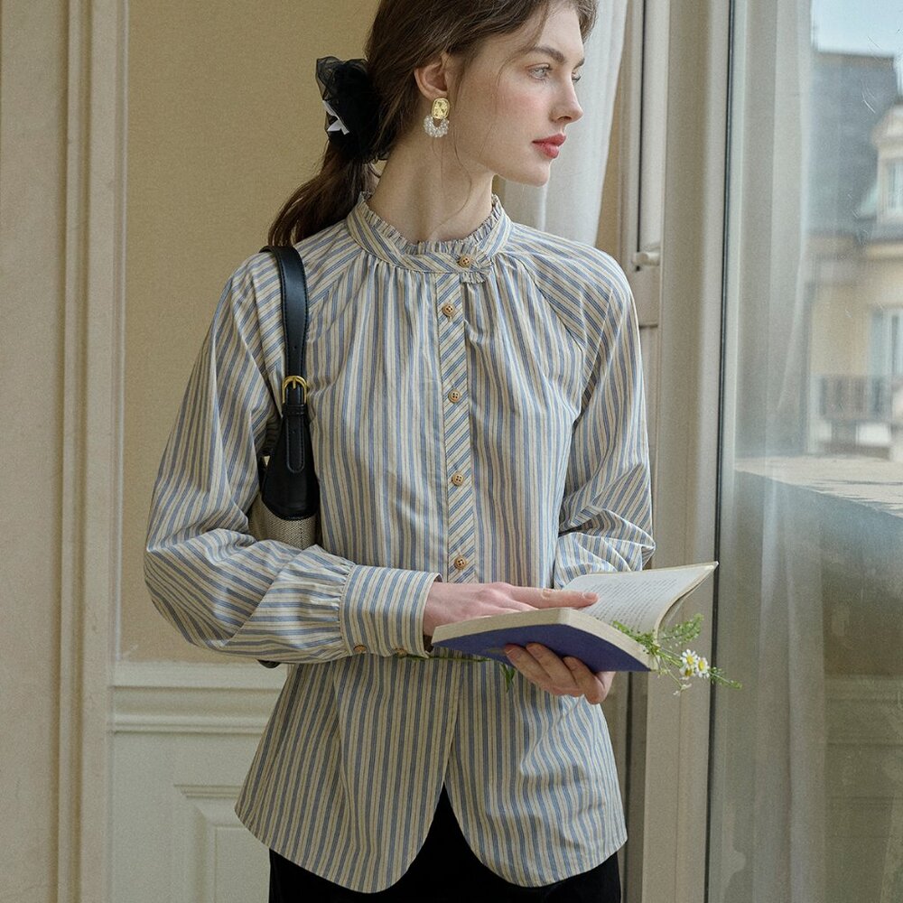 SimpleRetro Striped Mandarin Collar Blouse XS French Style Lightweight Shirt